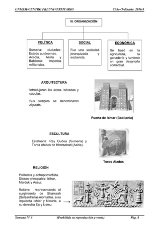 UNMSM-CENTRO PREUNIVERSITARIO Ciclo Ordinario 2016-I
Semana Nº 3 (Prohibida su reproducción y venta) Pág. 8
III. ORGANIZACIÓN
POLÍTICA
Sumeria: ciudades-
Estado autónomas.
Acadia, Asiria y
Babilonia: imperios
militaristas.
SOCIAL
Fue una sociedad
jerarquizada y
esclavista.
ECONÓMICA
Se basó en la
agricultura, la
ganadería y tuvieron
un gran desarrollo
comercial.
ARQUITECTURA
Introdujeron los arcos, bóvedas y
cúpulas.
Sus templos se denominaron
zigurats.
Puerta de Ishtar (Babilonia)
ESCULTURA
Estatuaria: Rey Gudea (Sumeria) y
Toros Alados de Khorsabad (Asiria).
Toros Alados
RELIGIÓN
Politeísta y antropomorfista.
Dioses principales: Isthar,
Marduk y Assur.
Relieve representando el
surgimiento de Shamash
(Sol) entre las montañas, a su
izquierda Ishtar y Ninurta, a
su derecha Ea y Usmu.
 