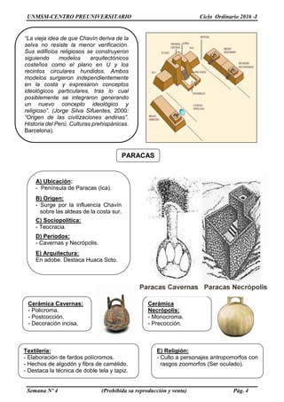 UNMSM-CENTRO PREUNIVERSITARIO Ciclo Ordinario 2016 -I
Semana Nº 4 (Prohibida su reproducción y venta) Pág. 4
“La vieja idea de que Chavín deriva de la
selva no resiste la menor verificación.
Sus edificios religiosos se construyeron
siguiendo modelos arquitectónicos
costeños como el plano en U y los
recintos circulares hundidos. Ambos
modelos surgieron independientemente
en la costa y expresaron conceptos
ideológicos particulares, tras lo cual
posiblemente se integraron generando
un nuevo concepto ideológico y
religioso”. (Jorge Silva Sifuentes, 2000:
“Origen de las civilizaciones andinas”.
Historia del Perú. Culturas prehispánicas.
Barcelona).
Textilería:
- Elaboración de fardos polícromos.
- Hechos de algodón y fibra de camélido.
- Destaca la técnica de doble tela y tapiz.
E) Religión:
- Culto a personajes antropomorfos con
rasgos zoomorfos (Ser oculado).
A) Ubicación:
- Península de Paracas (Ica).
B) Origen:
- Surge por la influencia Chavín
sobre las aldeas de la costa sur.
C) Sociopolítica:
- Teocracia.
D) Períodos:
- Cavernas y Necrópolis.
E) Arquitectura:
En adobe. Destaca Huaca Soto.
PARACAS
Cerámica
Necrópolis:
- Monocroma.
- Precocción.
- Sin decoración.
Cerámica Cavernas:
- Policroma.
- Postcocción.
- Decoración incisa.
 