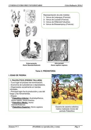 UNMSM-CENTRO PREUNIVERSITARIO Ciclo Ordinario 2016-I
Semana Nº 1 (Prohibida su reproducción y venta) Pág. 6
Enterramiento
Homo Neanderthalensis
Arte parietal
Homo sapiens sapiens
Tema 3: PREHISTORIA
I. EDAD DE PIEDRA:
Representación de arte mobiliar.
1- Venus de Lespugue (Francia).
2- Venus de Laussel (Francia).
3- Venus de Willendorf (Austria).
4- Venus de Brassempouy (Francia).
1. PALEOLÍTICO (PIEDRA TALLADA)
- Tuvo lugar el proceso de hominización.
- Economía de subsistencia o depredadora.
- Organizados socialmente en bandas
nómades.
- Principal logro fue la producción y uso del
fuego y las herramientas.
- Etapas:
* Paleolítico Inferior: Australopithecus,
Homo habilis, Homo erectus.
* Paleolítico Medio: Homo
neanderthalensis.
* Paleolítico Superior: Homo sapiens. Escena de cacería colectiva
rústica realizada inicios del
periodo Paleolítico
 