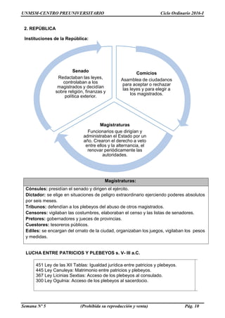 UNMSM-CENTRO PREUNIVERSITARIO Ciclo Ordinario 2016-I
Semana Nº 5 (Prohibida su reproducción y venta) Pág. 10
Magistraturas:
Cónsules: presidían el senado y dirigen el ejército.
Dictador: se elige en situaciones de peligro extraordinario ejerciendo poderes absolutos
por seis meses.
Tribunos: defendían a los plebeyos del abuso de otros magistrados.
Censores: vigilaban las costumbres, elaboraban el censo y las listas de senadores.
Pretores: gobernadores y jueces de provincias.
Cuestores: tesoreros públicos.
Ediles: se encargan del ornato de la ciudad, organizaban los juegos, vigilaban los pesos
y medidas.
Comicios
Asamblea de ciudadanos
para aceptar o rechazar
las leyes y para elegir a
los magistrados.
Magistraturas
Funcionarios que dirigían y
administraban el Estado por un
año. Crearon el derecho a veto
entre ellos y la alternancia, el
renovar periódicamente las
autoridades.
Senado
Redactaban las leyes,
controlaban a los
magistrados y decidían
sobre religión, finanzas y
política exterior.
2. REPÚBLICA
LUCHA ENTRE PATRICIOS Y PLEBEYOS s. V- III a.C.
451 Ley de las XII Tablas: Igualdad jurídica entre patricios y plebeyos.
445 Ley Canuleya: Matrimonio entre patricios y plebeyos.
367 Ley Licinias Sextias: Acceso de los plebeyos al consulado.
300 Ley Ogulnia: Acceso de los plebeyos al sacerdocio.
Instituciones de la República:
 