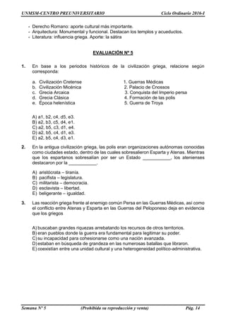 UNMSM-CENTRO PREUNIVERSITARIO Ciclo Ordinario 2016-I
Semana Nº 5 (Prohibida su reproducción y venta) Pág. 14
- Derecho Romano: aporte cultural más importante.
- Arquitectura: Monumental y funcional. Destacan los templos y acueductos.
- Literatura: influencia griega. Aporte: la sátira
EVALUACIÓN Nº 5
1. En base a los periodos históricos de la civilización griega, relacione según
corresponda:
a. Civilización Cretense 1. Guerras Médicas
b. Civilización Micénica 2. Palacio de Cnossos
c. Grecia Arcaica 3. Conquista del Imperio persa
d. Grecia Clásica 4. Formación de las polis
e. Época helenística 5. Guerra de Troya
A) a1, b2, c4, d5, e3.
B) a2, b3, c5, d4, e1.
C) a2, b5, c3, d1, e4.
D) a2, b5, c4, d1, e3.
E) a2, b5, c4, d3, e1.
2. En la antigua civilización griega, las polis eran organizaciones autónomas conocidas
como ciudades estado, dentro de las cuales sobresalieron Esparta y Atenas. Mientras
que los espartanos sobresalían por ser un Estado ___________, los atenienses
destacaron por la ___________.
A) aristócrata – tiranía.
B) pacifista – legislatura.
C) militarista – democracia.
D) esclavista – libertad.
E) beligerante – igualdad.
3. Las reacción griega frente al enemigo común Persa en las Guerras Médicas, así como
el conflicto entre Atenas y Esparta en las Guerras del Peloponeso deja en evidencia
que los griegos
A) buscaban grandes riquezas arrebatando los recursos de otros territorios.
B) eran pueblos donde la guerra era fundamental para legitimar su poder.
C)su incapacidad para cohesionarse como una nación avanzada.
D)estaban en búsqueda de grandeza en las numerosas batallas que libraron.
E) coexistían entre una unidad cultural y una heterogeneidad político-administrativa.
 