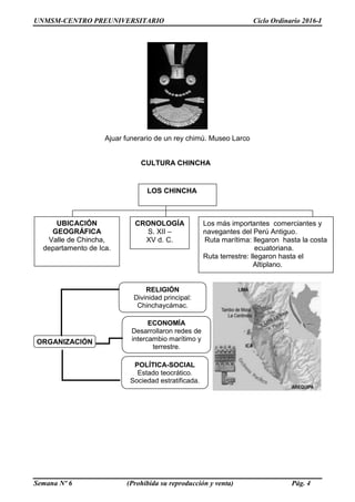 UNMSM-CENTRO PREUNIVERSITARIO Ciclo Ordinario 2016-I
Semana Nº 6 (Prohibida su reproducción y venta) Pág. 4
Ajuar funerario de un rey chimú. Museo Larco
CULTURA CHINCHA
LOS CHINCHA
UBICACIÓN
GEOGRÁFICA
Valle de Chincha,
departamento de Ica.
CRONOLOGÍA
S. XII –
XV d. C.
Los más importantes comerciantes y
navegantes del Perú Antiguo.
Ruta marítima: llegaron hasta la costa
ecuatoriana.
Ruta terrestre: llegaron hasta el
Altiplano.
POLÍTICA-SOCIAL
Estado teocrático.
Sociedad estratificada.
ECONOMÍA
Desarrollaron redes de
intercambio marítimo y
terrestre.
RELIGIÓN
Divinidad principal:
Chinchaycámac.
ORGANIZACIÓN
 