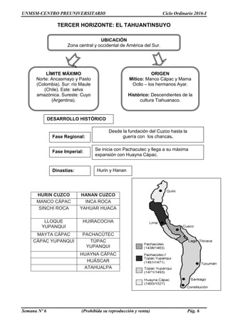 UNMSM-CENTRO PREUNIVERSITARIO Ciclo Ordinario 2016-I
Semana Nº 6 (Prohibida su reproducción y venta) Pág. 6
TERCER HORIZONTE: EL TAHUANTINSUYO
HURIN CUZCO HANAN CUZCO
MANCO CÁPAC INCA ROCA
SINCHI ROCA YAHUAR HUACA
LLOQUE
YUPANQUI
HUIRACOCHA
MAYTA CÁPAC PACHACÚTEC
CÁPAC YUPANQUI TÚPAC
YUPANQUI
HUAYNA CÁPAC
HUÁSCAR
ATAHUALPA
LÍMITE MÁXIMO
Norte: Ancasmayo y Pasto
(Colombia). Sur: río Maule
(Chile). Este: selva
amazónica. Sureste: Cuyo
(Argentina).
ORIGEN
Mítico: Manco Cápac y Mama
Ocllo – los hermanos Ayar.
Histórico: Descendientes de la
cultura Tiahuanaco.
UBICACIÓN
Zona central y occidental de América del Sur.
Fase Regional:
Se inicia con Pachacutec y llega a su máxima
expansión con Huayna Cápac.
Fase Imperial:
DESARROLLO HISTÓRICO
Desde la fundación del Cuzco hasta la
guerra con los chancas.
Dinastías: Hurin y Hanan
 