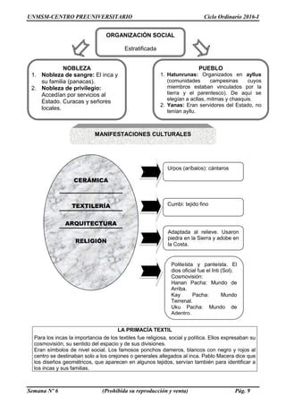 UNMSM-CENTRO PREUNIVERSITARIO Ciclo Ordinario 2016-I
Semana Nº 6 (Prohibida su reproducción y venta) Pág. 9
LA PRIMACÍA TEXTIL
Para los incas la importancia de los textiles fue religiosa, social y política. Ellos expresaban su
cosmovisión, su sentido del espacio y de sus divisiones.
Eran símbolos de nivel social. Los famosos ponchos dameros, blancos con negro y rojos al
centro se destinaban solo a los orejones o generales allegados al inca. Pablo Macera dice que
los diseños geométricos, que aparecen en algunos tejidos, servían también para identificar a
los incas y sus familias.
NOBLEZA
1. Nobleza de sangre: El inca y
su familia (panacas).
2. Nobleza de privilegio:
Accedían por servicios al
Estado. Curacas y señores
locales.
PUEBLO
1. Hatunrunas: Organizados en ayllus
(comunidades campesinas cuyos
miembros estaban vinculados por la
tierra y el parentesco). De aquí se
elegían a acllas, mitmas y chasquis.
2. Yanas: Eran servidores del Estado, no
tenían ayllu.
ORGANIZACIÓN SOCIAL
Estratificada
MANIFESTACIONES CULTURALES
CERÁMICA
TEXTILERÍA
ARQUITECTURA
RELIGIÓN
Urpos (aríbalos): cántaros
Cumbi: tejido fino
Adaptada al relieve. Usaron
piedra en la Sierra y adobe en
la Costa.
Politeísta y panteísta. El
dios oficial fue el Inti (Sol).
Cosmovisión:
Hanan Pacha: Mundo de
Arriba.
Kay Pacha: Mundo
Terrenal.
Uku Pacha: Mundo de
Adentro.
 