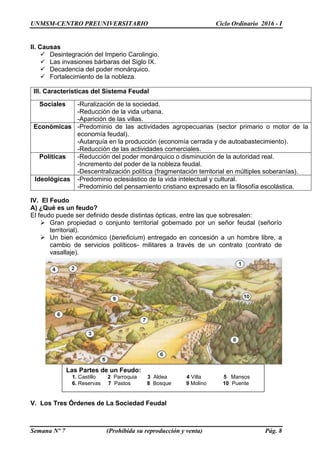 UNMSM-CENTRO PREUNIVERSITARIO Ciclo Ordinario 2016 - I
Semana Nº 7 (Prohibida su reproducción y venta) Pág. 8
II. Causas
 Desintegración del Imperio Carolingio.
 Las invasiones bárbaras del Siglo IX.
 Decadencia del poder monárquico.
 Fortalecimiento de la nobleza.
IV. El Feudo
A) ¿Qué es un feudo?
El feudo puede ser definido desde distintas ópticas, entre las que sobresalen:
 Gran propiedad o conjunto territorial gobernado por un señor feudal (señorío
territorial).
 Un bien económico (beneficium) entregado en concesión a un hombre libre, a
cambio de servicios políticos- militares a través de un contrato (contrato de
vasallaje).
V. Los Tres Órdenes de La Sociedad Feudal
III. Características del Sistema Feudal
Sociales -Ruralización de la sociedad.
-Reducción de la vida urbana.
-Aparición de las villas.
Económicas -Predominio de las actividades agropecuarias (sector primario o motor de la
economía feudal).
-Autarquía en la producción (economía cerrada y de autoabastecimiento).
-Reducción de las actividades comerciales.
Políticas -Reducción del poder monárquico o disminución de la autoridad real.
-Incremento del poder de la nobleza feudal.
-Descentralización política (fragmentación territorial en múltiples soberanías).
Ideológicas -Predominio eclesiástico de la vida intelectual y cultural.
-Predominio del pensamiento cristiano expresado en la filosofía escolástica.
Las Partes de un Feudo:
1. Castillo 2 Parroquia 3 Aldea 4 Villa 5 Mansos
6. Reservas 7 Pastos 8 Bosque 9 Molino 10 Puente
 