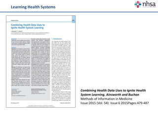 Learning Health Systems
Combining Health Data Uses to Ignite Health
System Learning. Ainsworth and Buchan
Methods of Information in Medicine
Issue:2015 (Vol. 54): Issue 6 2015Pages:479-487
 