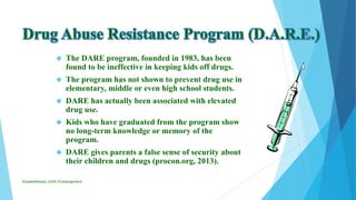 The DARE program, founded in 1983, has been
found to be ineffective in keeping kids off drugs.
 The program has not shown to prevent drug use in
elementary, middle or even high school students.
 DARE has actually been associated with elevated
drug use.
 Kids who have graduated from the program show
no long-term knowledge or memory of the
program.
 DARE gives parents a false sense of security about
their children and drugs (procon.org, 2013).
ElizabethKaman_Unit9_FinalAssignment
 