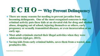  There are many reasons for needing to prevent juveniles from
becoming delinquents. One of the most recognized concerns is that
criminal activity puts these kids at an elevated risk for drug and alcohol
abuse, dropping out of school, injuring themselves or others, early
pregnancy or sexually transmitted diseases, or even incarceration at an
early age.
 Most adult criminals started their illegal activities when they were
adolescents (tjjd.gov, 2013).
 Saving kids from early criminal habits, saves them from a wasted, non-
productive life.
ElizabethKaman_Unit9_FinalAssignment
 