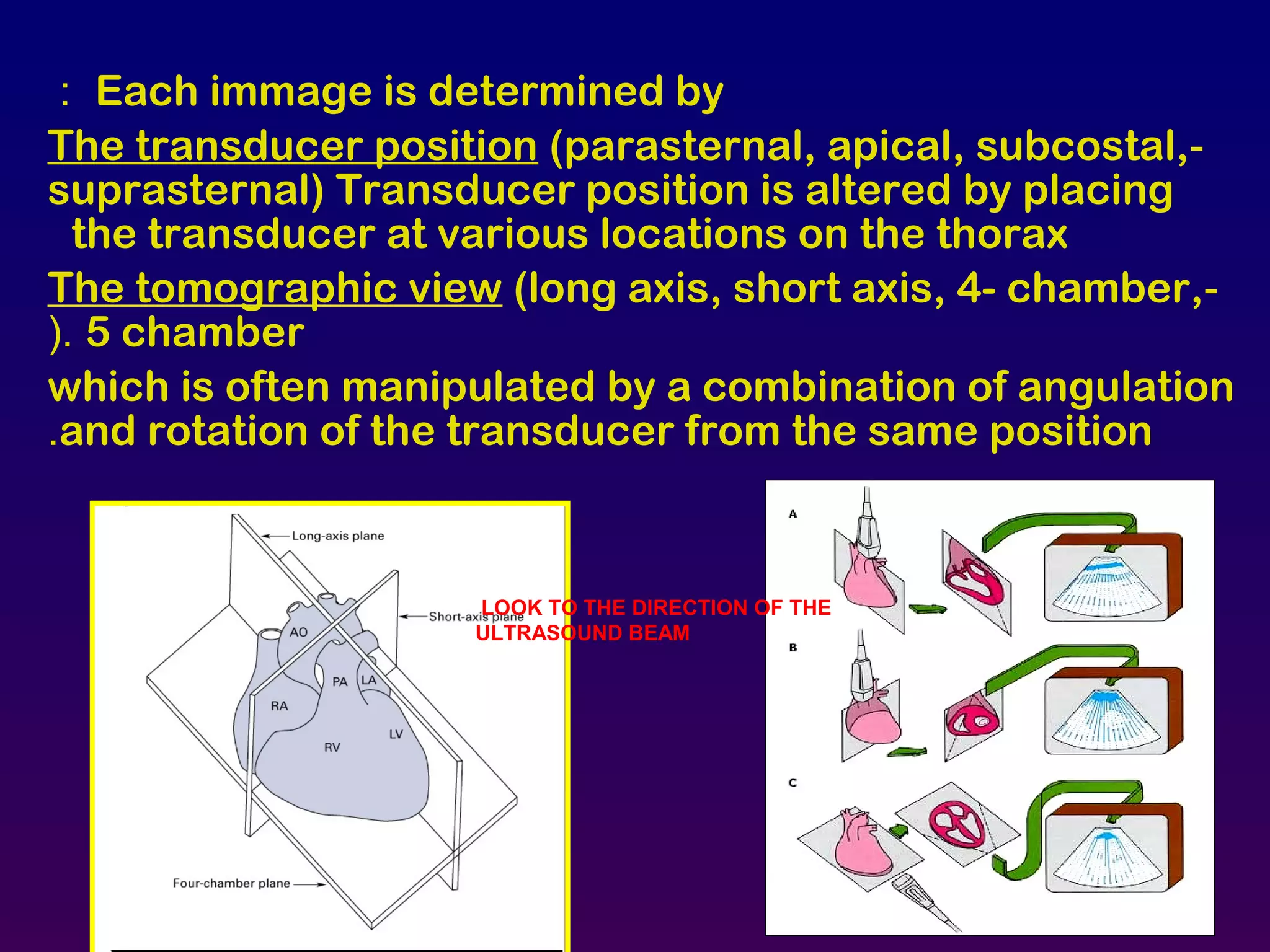 Each immage is determined by:
-The transducer position (parasternal, apical, subcostal,
suprasternal) Transducer position is altered by placing
the transducer at various locations on the thorax
-The tomographic view (long axis, short axis, 4- chamber,
5 chamber(.
which is often manipulated by a combination of angulation
and rotation of the transducer from the same position.
LOOK TO THE DIRECTION OF THE
ULTRASOUND BEAM
 