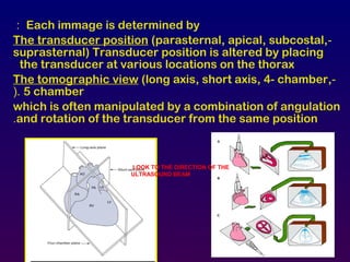 Each immage is determined by:
-The transducer position (parasternal, apical, subcostal,
suprasternal) Transducer position is altered by placing
the transducer at various locations on the thorax
-The tomographic view (long axis, short axis, 4- chamber,
5 chamber(.
which is often manipulated by a combination of angulation
and rotation of the transducer from the same position.
LOOK TO THE DIRECTION OF THE
ULTRASOUND BEAM
 