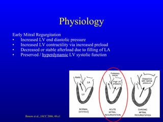 Physiology Early Mitral Regurgitation Increased LV end diastolic pressure Increased LV contractility via increased preload Decreased or stable afterload due to filling of LA Preserved /  hyperdynamic  LV systolic function Bonow et al., JACC 2006; 48:e1 
