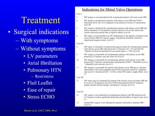 Treatment Surgical indications With symptoms Without symptoms LV parameters Atrial fibrillation Pulmonary HTN Rest/stress Flail Leaflet Ease of repair Stress ECHO Indications for Mitral Valve Operations Class I MV surgery is recommended for the symptomatic patient with acute severe MR. MV Surgery is beneficial for patients with chronic severe MR and NYHA functional call II, III, or IV symptoms in the absence of severe LV dysfunction. ( level B ) MV surgery is beneficial for asymptomatic patients with chornic severe MR and mild to moderate LV dysfunction, ejection fraction 0.30 to 0.60, and/or end-systolic dimension greater than or equal to 40mm. ( level B ) MV repair is recommended over MV replacement in the majority of patients with severe chronic MR who require surgery, and patients should be referred to experienced surgical centers. ( level C ) Class IIa MV repair is reasonable in experienced surgcial centers for asymptomatic patients with chronic severe MR with preserved LV function ( EF > 0.6 and ESLVD <40mm) in whom the likelihood of successful repair is > 90% ( level B ) MV surgery is reasonable for asymptomatic patients with chronic severe MR, preserved LV function, and new onset AF ( level C ) MV Surgery is reasonable for asymptomatic patients with chronic severe MR, preserved LV function, and pulmonary hypertensino (PASP > 50mmHG at rest or > 60mmHG with exercise). ( level C ) MV Surgery is reasonable for patients with chronic severe MR due to a primary abnormality of the mitral apparatus and NYHA functional call III-IV symptoms and severe LV dysfunction (EF < 0.30) in whom MV repair is highly likely. ( level C ) Class IIb MV repair may be considered for patients with chornic severe secondary MR due to severe LV dysfunction who have NYHA functional lass III-IV symptoms despite optimal medical therapy, including bi-v pacing. ( level C ) Class III MV surgery is not indicated for asymptomatic patients with MR and preserved LV function in whom significant doubt about the feasibility of repair exists. ( level C ) Isolated MV surgery is not indicated for patients with mild to moderate MR> ( level C ). Bonow et al., JACC 2006; 48:e1 