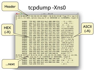 Header    tcpdump -Xns0


HEX                       ASCII
(-X)                       (-A)




...next
 