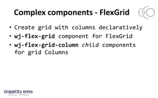 Complex components - FlexGrid
• Create grid with columns declaratively
• wj-flex-grid component for FlexGrid
• wj-flex-grid-column child components
for grid Columns
 
