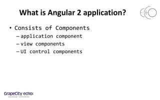 What is Angular 2 application?
• Consists of Components
– application component
– view components
– UI control components
 
