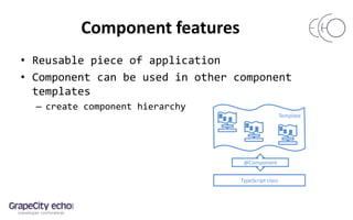 Component features
• Reusable piece of application
• Component can be used in other component
templates
– create component hierarchy
Template
TypeScript class
@Component
 