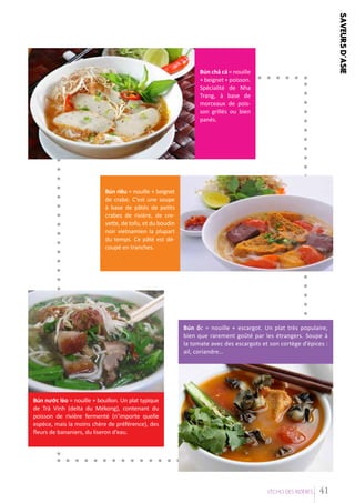 s aveurs d'asie

Bún chả cá = nouille
+ beignet + poisson.
Spécialité de Nha
Trang, à base de
morceaux de poisson grillés ou bien
panés.

Bún riêu = nouille + beignet
de crabe. C'est une soupe
à base de pâtés de petits
crabes de rivière, de crevette, de tofu, et du boudin
noir vietnamien la plupart
du temps. Ce pâté est découpé en tranches.

Bún ốc = nouille + escargot. Un plat très populaire,
bien que rarement goûté par les étrangers. Soupe à
la tomate avec des escargots et son cortège d’épices :
ail, coriandre…

Bún nước lèo = nouille + bouillon. Un plat typique
de Trà Vinh (delta du Mékong), contenant du
poisson de rivière fermenté (n’importe quelle
espèce, mais la moins chère de préférence), des
fleurs de bananiers, du liseron d’eau.

L’EÁcho deS RIziEÂRES

41

 