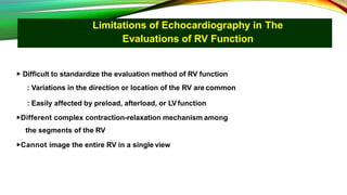Limitations of Echocardiography in The
Evaluations of RV Function
▶ Difficult to standardize the evaluation method of RV function
: Variations in the direction or location of the RV are common
: Easily affected by preload, afterload, or LVfunction
▶Different complex contraction-relaxation mechanism among
the segments of the RV
▶Cannot image the entire RV in a single view
 