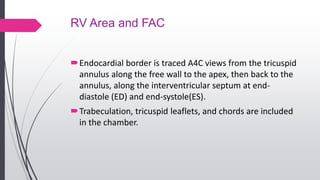 RV Area and FAC
Endocardial border is traced A4C views from the tricuspid
annulus along the free wall to the apex, then back to the
annulus, along the interventricular septum at end-
diastole (ED) and end-systole(ES).
Trabeculation, tricuspid leaflets, and chords are included
in the chamber.
 