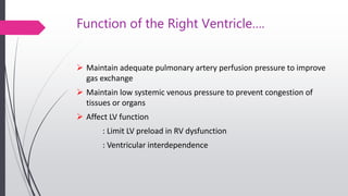 Function of the Right Ventricle….
 Maintain adequate pulmonary artery perfusion pressure to improve
gas exchange
 Maintain low systemic venous pressure to prevent congestion of
tissues or organs
 Affect LV function
: Limit LV preload in RV dysfunction
: Ventricular interdependence
 
