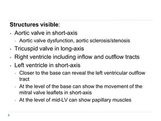 Structures visible:
⦁ Aortic valve in short-axis
⦁ Aortic valve dysfunction, aortic sclerosis/stenosis
⦁ Tricuspid valve in long-axis
⦁ Right ventricle including inflow and outflow tracts
⦁ Left ventricle in short-axis
⦁ Closer to the base can reveal the left ventricular outflow
tract
⦁ At the level of the base can show the movement of the
mitral valve leaflets in short-axis
⦁ At the level of mid-LV can show papillary muscles
 