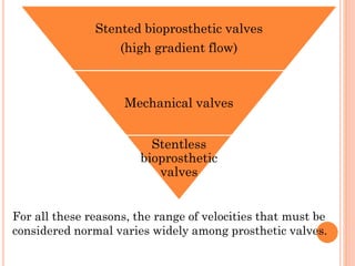 Stented bioprosthetic valves
(high gradient flow)
Mechanical valves
Stentless
bioprosthetic
valves
For all these reasons, the range of velocities that must be
considered normal varies widely among prosthetic valves.
 