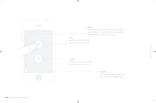 Gallery
                         view previously created images: go to application
                         specific folder in main photo repository created by
                         application upon installation / go to (4)

Phone
generate art from phone call
two input sources / go to (1)




Ambient
generate art from ambient noise
one input source / go to (3)




                                          Inspector
                                          option to link twitpic, facebook and
                                          flickr accounts for image posting
 