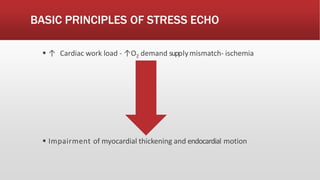 BASIC PRINCIPLES OF STRESS ECHO
 ↑ Cardiac work load - ↑O2 demand supplymismatch- ischemia
 Impairment of myocardial thickening and endocardial motion
 