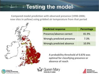 Testing the model
Compared model prediction with observed presence (1990-2006;
new sites in yellow) using gridded air temperature from that period
Predicted response Percentage
Presence/absence correct 81.9%
Wrongly predicted presence 7.3%
Wrongly predicted absence 10.9%
A probability threshold of 0.876 was
optimal for classifying presence or
absence of roach
 