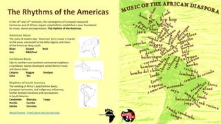 In the 16th and 17th centuries, the convergence of European measured
harmonies and of African organic polyrhythmic established a new foundation
for music, dance and expressions. The rhythms of the Americas.
American Music
The roots of modern day ‘American’ (U.S.) music is traced
to the areas connected to the delta regions and rivers
of the American deep south.
Blues Gospel Rock
Jazz R&B/Soul
Caribbean Beats
Like its northern and southern continental neighbors,
a Caribbean islands developed varied distinct music
and dance styles.
Calypso Reggae Steelpan
Salsa Ska
Rhythms of South America
The melding of Africa’s polyrhythmic beats,
European harmonies, and indigenous influences,
further evolved iterations and syncopations
in South America
Candombe Marcatu Tango
Rumba Cumbia
Samba Corrulau
About/license - FreeCulture.org (archive.org)
The Rhythms of the Americas
 