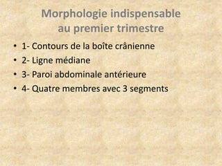 Morphologie indispensable
au premier trimestre
•
•
•
•

1- Contours de la boîte crânienne
2- Ligne médiane
3- Paroi abdominale antérieure
4- Quatre membres avec 3 segments

 