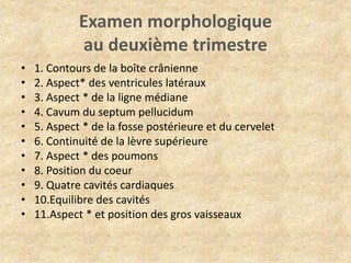 Examen morphologique
au deuxième trimestre
•
•
•
•
•
•
•
•
•
•
•

1. Contours de la boîte crânienne
2. Aspect* des ventricules latéraux
3. Aspect * de la ligne médiane
4. Cavum du septum pellucidum
5. Aspect * de la fosse postérieure et du cervelet
6. Continuité de la lèvre supérieure
7. Aspect * des poumons
8. Position du coeur
9. Quatre cavités cardiaques
10.Equilibre des cavités
11.Aspect * et position des gros vaisseaux

 