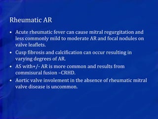 Rheumatic AR
• Acute rheumatic fever can cause mitral regurgitation and
less commonly mild to moderate AR and focal nodules on
valve leaflets.
• Cusp fibrosis and calcification can occur resulting in
varying degrees of AR.
• AS with+/- AR is more common and results from
commisural fusion –CRHD.
• Aortic valve involement in the absence of rheumatic mitral
valve disease is uncommon.
 
