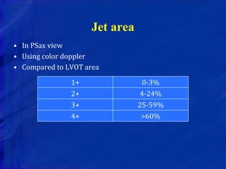 Jet area
• In PSax view
• Using color doppler
• Compared to LVOT area
1+ 0-3%
2+ 4-24%
3+ 25-59%
4+ >60%
 
