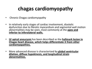 chagas cardiomyopathy
• Chronic Chagas cardiomyopathy
• In relatively early stages of cardiac involvement, diastolic
dysfunction due to fibrotic myocardium and segmental wall motion
abnormalities may be seen, most commonly at the apex and
inferior to inferolateral walls.
• LV apical aneurysm has been described as the hallmark lesion in
Chagas heart disease, which helps differentiate it from other
cardiomyopathies.
• More advanced disease is characterized by global ventricular
dilation, diffuse hypokinesis, and longitudinal strain
abnormalities.
 