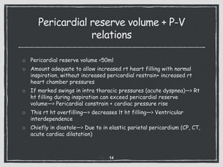 Pericardial reserve volume + P-V
relations
Pericardial reserve volume <50ml
Amount adequate to allow increased rt heart filling with normal
inspiration, without increased pericardial restrain+ increased rt
heart chamber pressures
If marked swings in intra thoracic pressures (acute dyspnea)—> Rt
ht filling during inspiration can exceed pericardial reserve
volume—> Pericardial constrain + cardiac pressure rise
This rt ht overfilling—> decreases lt ht filling—> Ventricular
interdependence
Chiefly in diastole—> Due to in elastic parietal pericardium (CP, CT,
acute cardiac dilatation)
14
 