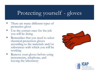 Protecting yourself - gloves
• There are many different types of
protective glove
• Use the correct ones for the job
you will be doing
• Remember that you need to select
chemical protection gloves
according to the materials and/or
substances with which you will be
working
• Remove your gloves before using
instruments, telephone, and
leaving the laboratory
 