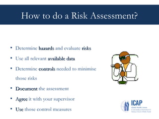 How to do a Risk Assessment?
• Determine hazards
hazards and evaluate risks
risks
• Use all relevant available data
available data
• Determine controls
controls needed to minimise
those risks
• Document
Document the assessment
• Agree
Agree it with your supervisor
• Use
Use those control measures
 