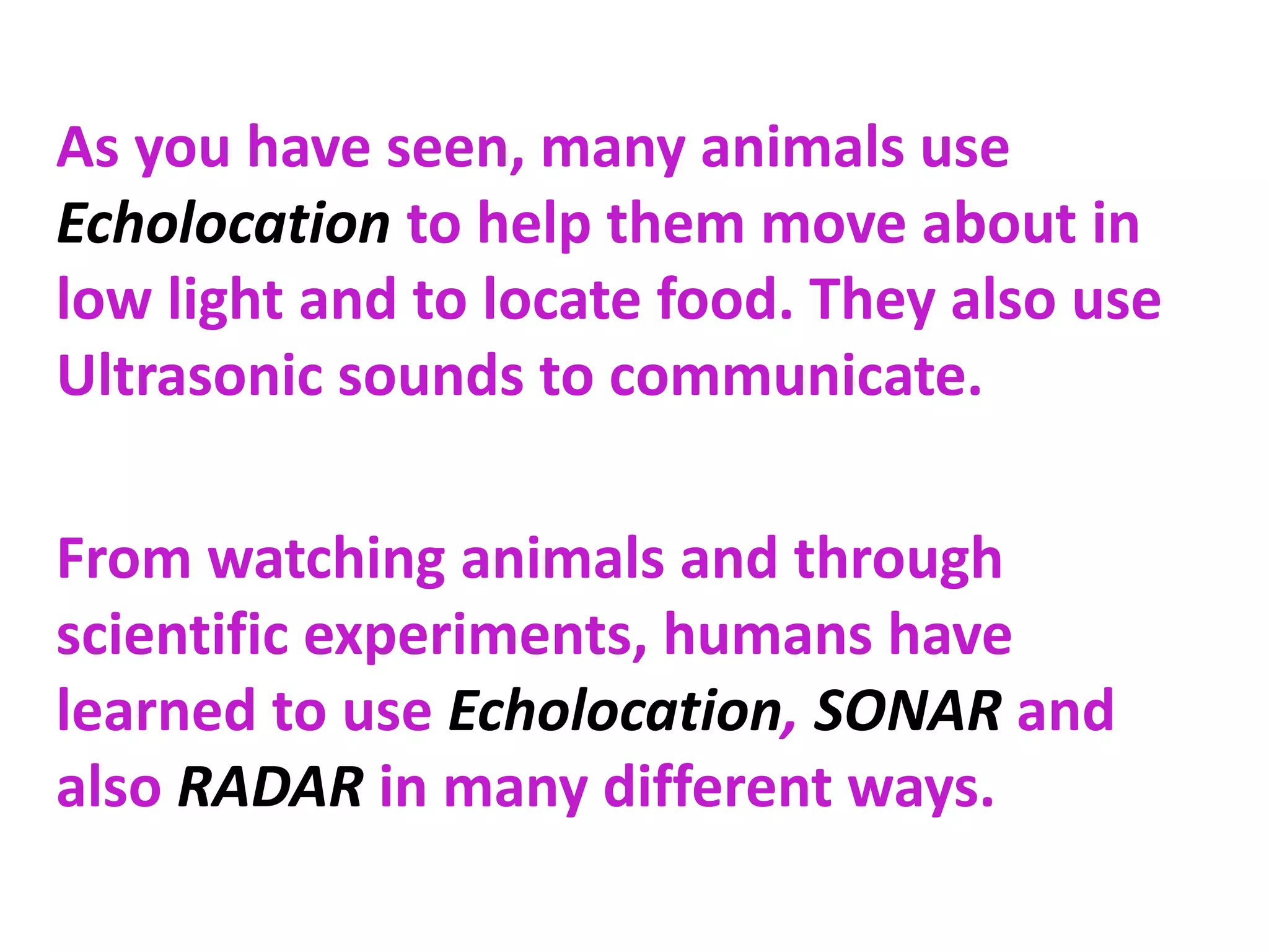 As you have seen, many animals use 
Echolocation to help them move about in 
low light and to locate food. They also use 
Ultrasonic sounds to communicate. 
From watching animals and through 
scientific experiments, humans have 
learned to use Echolocation, SONAR and 
also RADAR in many different ways. 
 