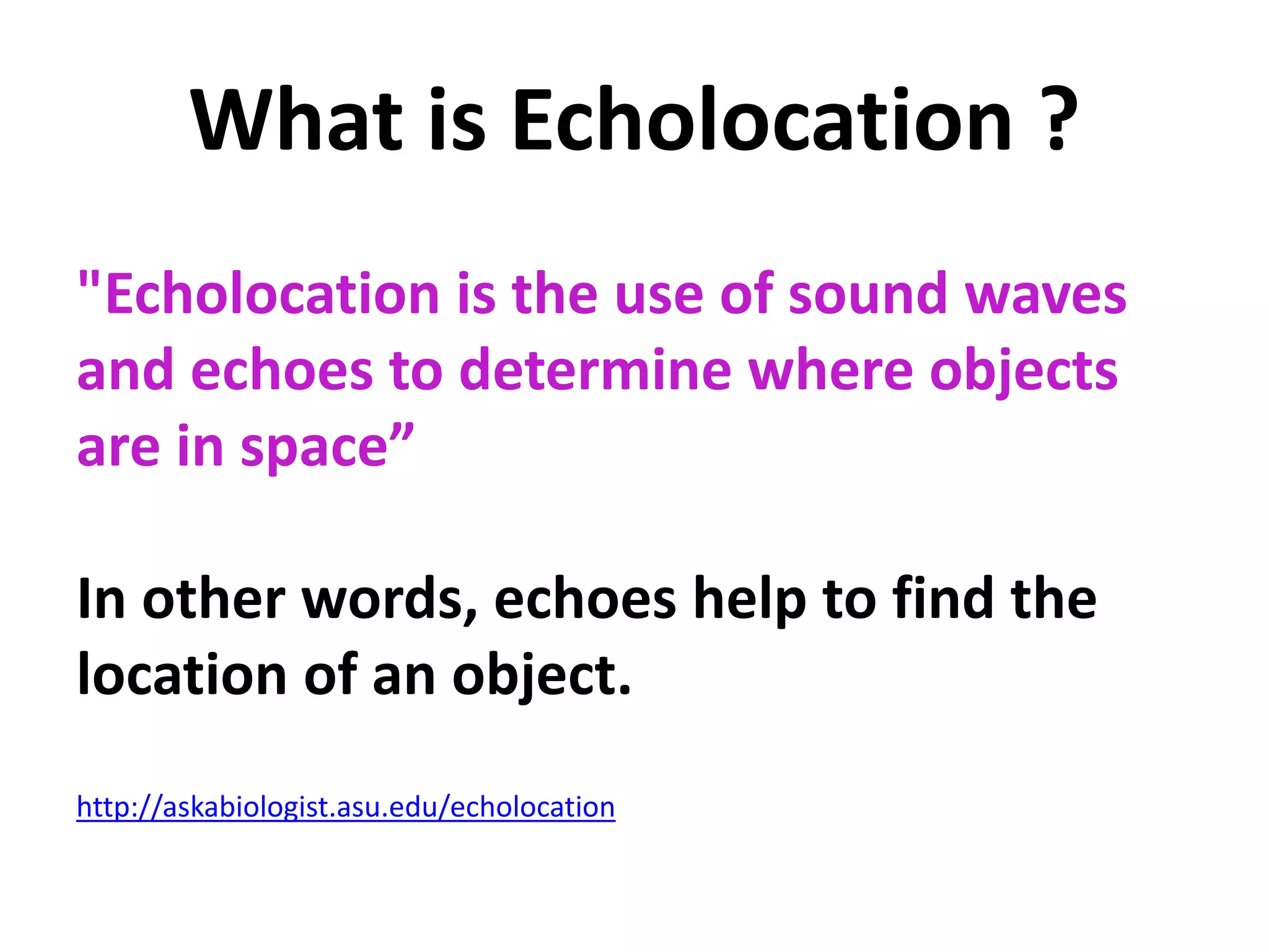 What is Echolocation ? 
"Echolocation is the use of sound waves 
and echoes to determine where objects 
are in space” 
In other words, echoes help to find the 
location of an object. 
http://askabiologist.asu.edu/echolocation 
 