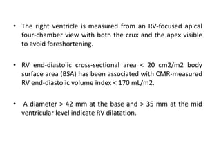 • The right ventricle is measured from an RV-focused apical
four-chamber view with both the crux and the apex visible
to avoid foreshortening.
• RV end-diastolic cross-sectional area < 20 cm2/m2 body
surface area (BSA) has been associated with CMR-measured
RV end-diastolic volume index < 170 mL/m2.
• A diameter > 42 mm at the base and > 35 mm at the mid
ventricular level indicate RV dilatation.
 