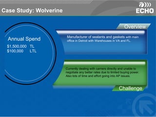 Case Study: Wolverine Annual Spend Manufacturer of sealants and gaskets  with main office in Detroit with Warehouses in VA and FL. Currently dealing with carriers directly and unable to negotiate any better rates due to limited buying power.  Also lots of time and effort going into AP issues. Overview Challenge $1,500,000  TL $100,000  LTL 
