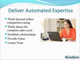 Deliver Automated Expertise
Think beyond online
comparison rating
Think about the
complete sales cycle
Establish relationships
Provide Value
Create Trust
 