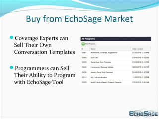 Buy from EchoSage Market
Coverage Experts can
Sell Their Own
Conversation Templates
Programmers can Sell
Their Ability to Program
with EchoSage Tool
 
