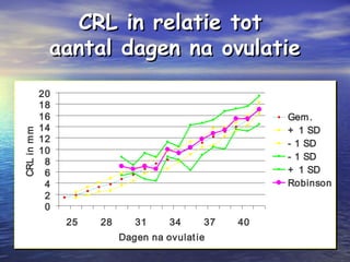 CRL in relatie totCRL in relatie tot
aantal dagen na ovulatieaantal dagen na ovulatie
0
2
4
6
8
10
12
14
16
18
20
25 28 31 34 37 40
Dagen na ovulatie
CRLinmmk
Gem.
+ 1 SD
- 1 SD
- 1 SD
+ 1 SD
Robinson
 