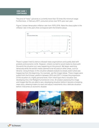 The price of “basic” groceries is currently more than 15 times the minimum wage.
Furthermore, in February 2017, consumer prices rose 741% year over year.
Figure 2 shows Venezuela’s inflation rate from 1970-2016. Note the sharp spike in the
inflation rate in the years that correspond with the timeline above.
Those in power tried to silence unbiased news organizations and quietly deal with
protests and economic strife. However, citizens turned to social media to share with
the world the situation as it was happening on the ground. We began watching
Venezuela while the world’s media seemed to be focused on other areas, such as
Ukraine. Using Echosec in this situation allowed analysts to closely watch what was
happening from the beginning. For example, see the images below. These images were
pulled from the Echosec platform between 2015 and 2017. It shows the progression
of the situation at a highly personal level, from initial signs that a situation was
developing into a full-fledged humanitarian crisis. An analyst assessing this image
and images like this are able to see a developing situation before it became a breaking
news story, allowing traders to react and adjust investments into a delicate situation
before it becomes an economic disaster.
USE CASE 1
CONTINUED
Venezuela Inflation Rate
1976
1000
800
600
400
200
0
1984 1992 2000 2008 2016
Source: www.tradingeconomics.com | Banco Central de Venezuela
fig 2
 