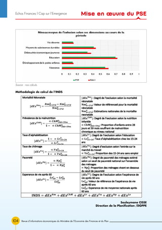 104
Source : nos calculs.
Revue d’informations économiques du Ministère de l’Economie des Finances et du Plan
Méthodologie de calcul de l’INDS
Souleymane CISSE
Direction de la Planification /DGPPE
Mise en œuvre du PSEEchos Finances l Cap sur l’Emergence
 