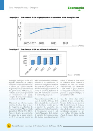 Economie
20
Echos Finances l Cap sur l’Emergence
Graphique 1 : flux d’entrée d’IDE en proportion de la Formation Brute de Capital Fixe
Graphique 2 : flux d’entrée d’IDE (en millions de dollars US)
Source : CNUCED
Source : CNUCED
Pour rappel, le Sénégal s’est doté d’un
dispositif institutionnel et juridique
pour promouvoir l’investissement avec
la création de l’Agence nationale
de promotion des investissements et
des grands travaux (APIX) en 2000,
l’institution d’un Conseil présidentiel
sur l’investissement en 2002,
l’adoption de la loi portant code des
investissements de 2004.
Relativement aux réformes rendues
effectives déroulées dans le cadre
du Programme d’Amélioration de
l’Environnement des Affaires et de la
Compétitivité (PREAC 2013-2015),
il convient de citer, la modernisation
du secteur de la justice entamée
en 2010 en vue de réduire les
délais de traitement des contentieux
économiques et commerciaux, les
réformes du code général des Impôts
et du code des douanes en 2013, la
dématérialisation pour l’obtention du
permis de construire, l’adoption de
la Loi 2014-09 relative aux contrats
de partenariat public-privé…
D’autres réformes essentielles sont en
cours de réalisation à l’image de la
réforme du code des investissements
et de la réforme foncière qui vise
à concilier la sécurisation des
exploitationsfamilialesetlapromotion
de l’investissement privé. A cela
s’ajoute l’élaboration de la stratégie
de promotion des investissements qui
doit structurer toutes les actions sans
oublier la réforme du code minier
en finalisation devant contribuer à
l’ambition de créer une véritable
industrie minière. Dans cette lancée,
il a été institué un groupe de travail
au niveau de la primature aux fins de
proposer un paquet incitatif pour la
zone de Diamniadio.
Tous les efforts déjà réalisés
combinés à ceux entrepris dans
le cadre de la mise en œuvre du
PSE devraient inverser la tendance
en matière d’IDE, car certains ont
déjà valu à notre pays une avancée
considérable consacrée en tant
5ème meilleur réformateur mondial
d’après le rapport Doing business
2015.
Revue d’informations économiques du Ministère de l’Economie des Finances et du Plan
 