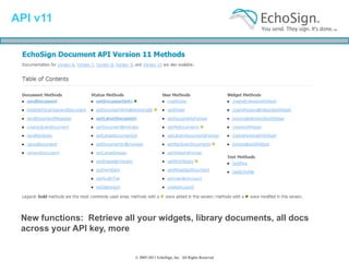 API v11




   • Asdasd

 New functions: Retrieve all your widgets, library documents, all docs
 across your API key, more


                            © 2005-2011 EchoSign, Inc. All Rights Reserved
 
