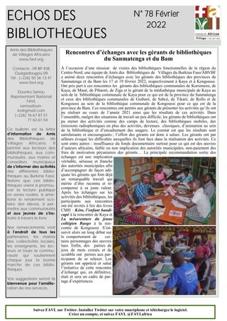 1
ECHOS DES
BIBLIOTHEQUES
N° 78 Février
2022
Amis des Bibliothèques
de Villages Africains
www.favl.org
Contacts : 09 BP 93...